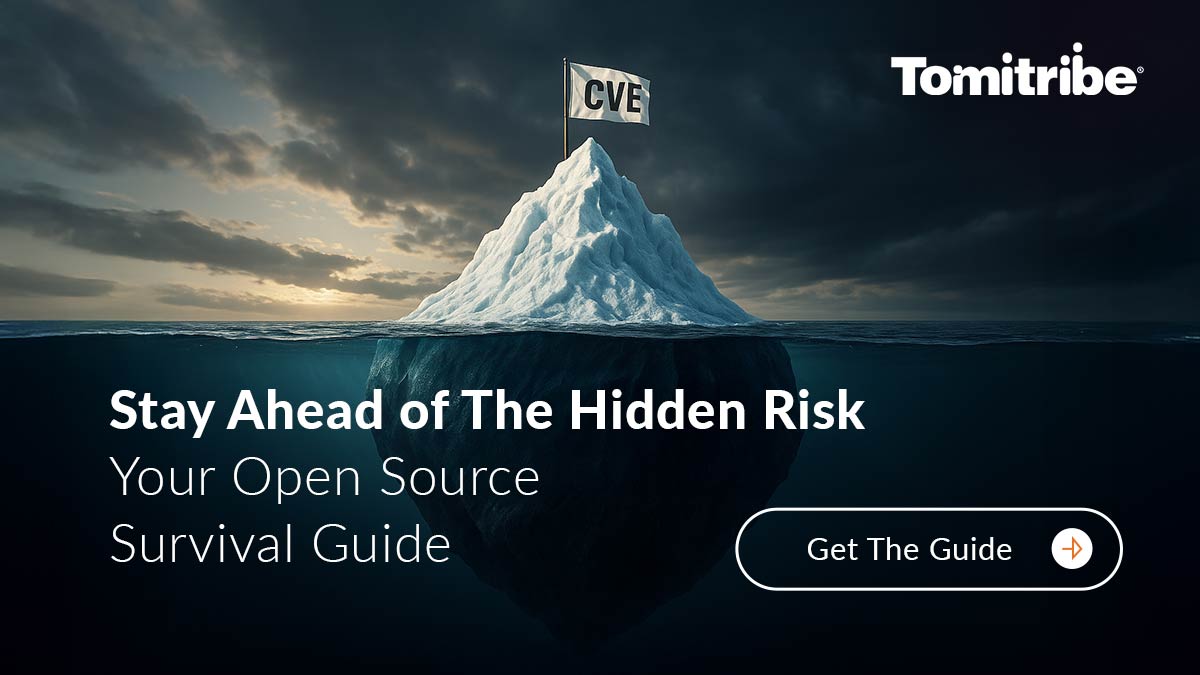 Illustration of iceberg with CVE flag, representing hidden vulnerabilities in open source software, promoting Tomitribe’s Open Source Survival Guide.