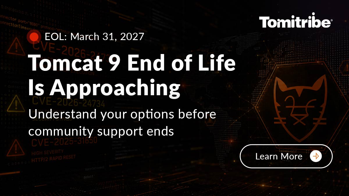 Tomcat 9 End of Life cybersecurity illustration with CVE alerts and security monitoring dashboard